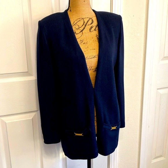 Vintage St. John Santana knit navy blue gold logo pockets open long cardigan L
